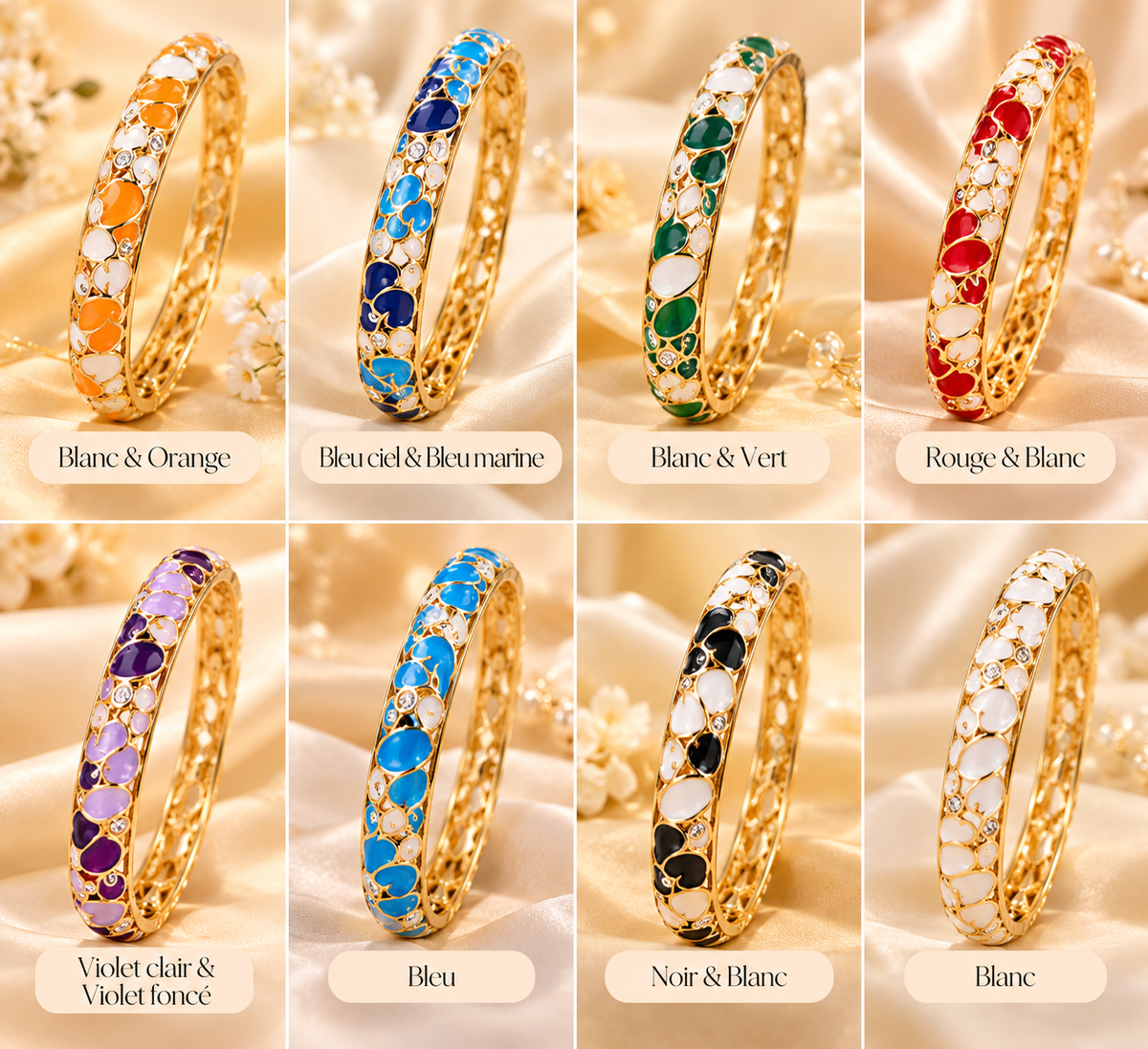Bracelet Jonc Fleuri en Acier Inoxydable – Doré & Coloré